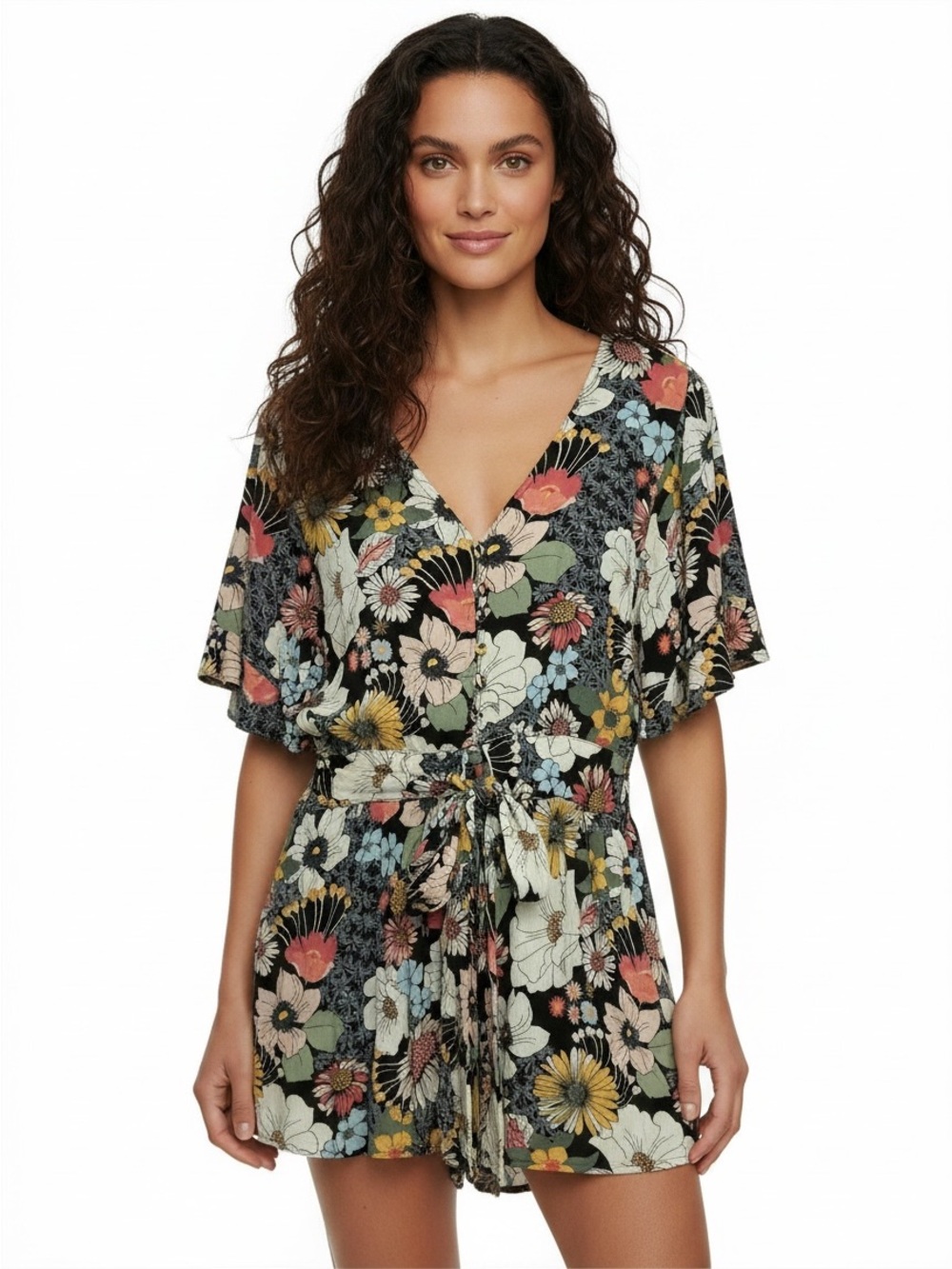 NWT O'Neill Black Floral V-Neck Romper with Multicolor Flowers